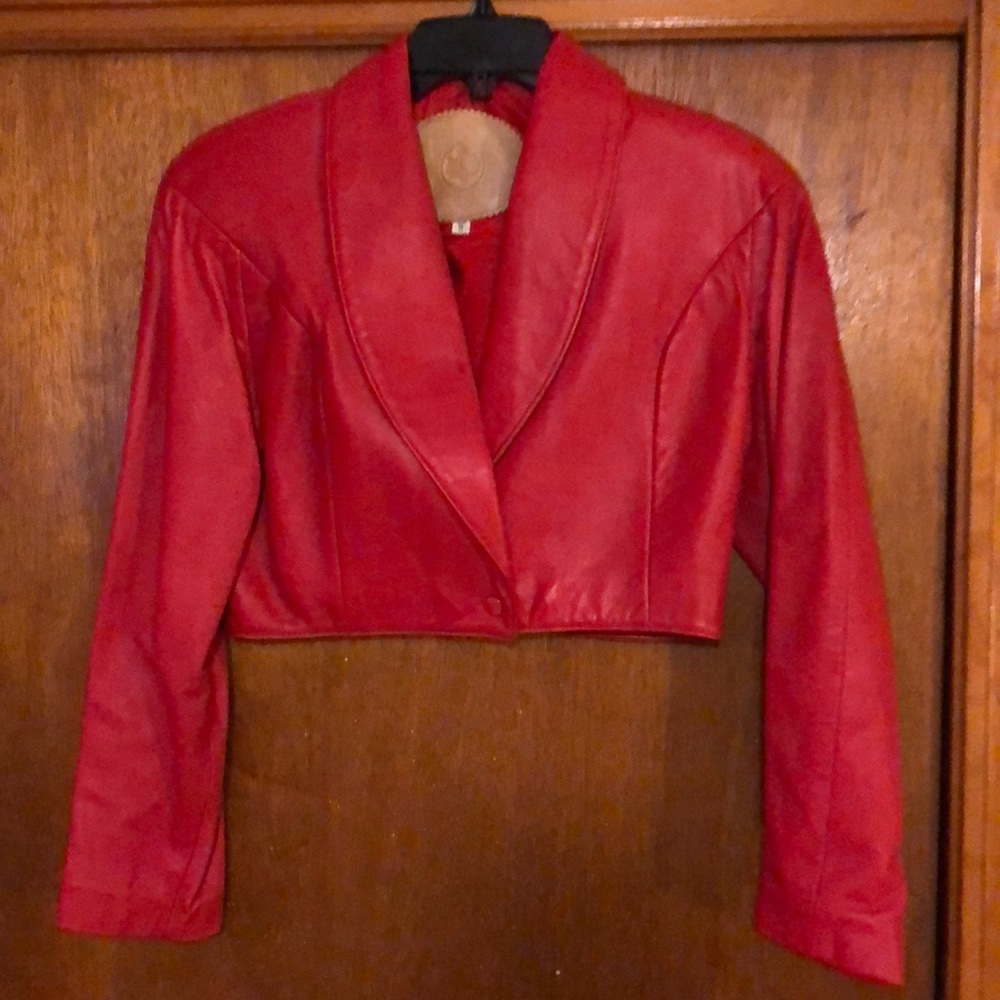 Red crop leather jacket
